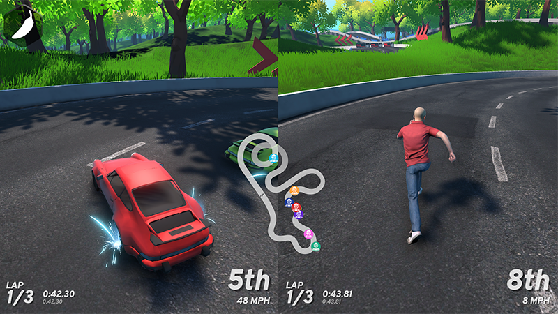 Screenshot of Bryiankart: a car and a running man race on a winding track in a forest.