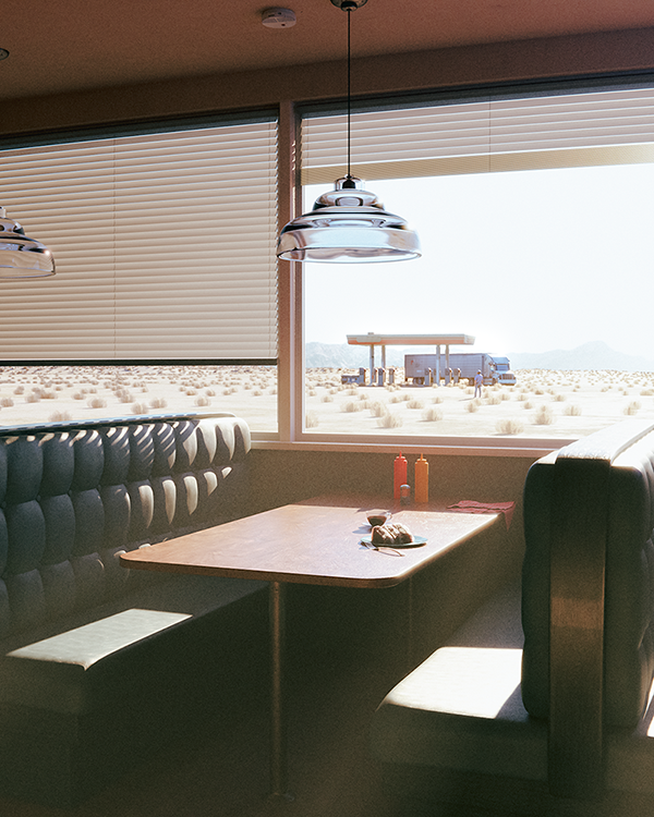 An empty vintage diner booth with sunlight glaring through the window.