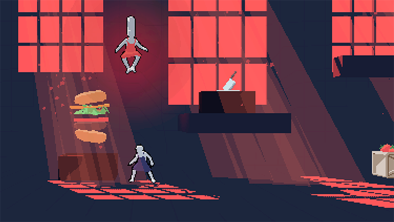 Screenshot of Cooking with Rordon Gamsay: a chef standing next to a burger in an ominously-lit kitchen.