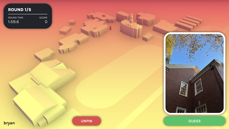 Screenshot of Lakeside Guesser: a 3D map of campus and a photo location card.