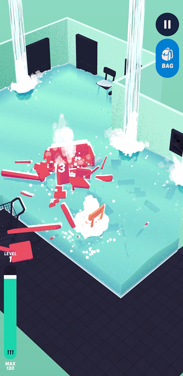 Screenshot of Ikeamon: furniture battling in a flooded bathroom.