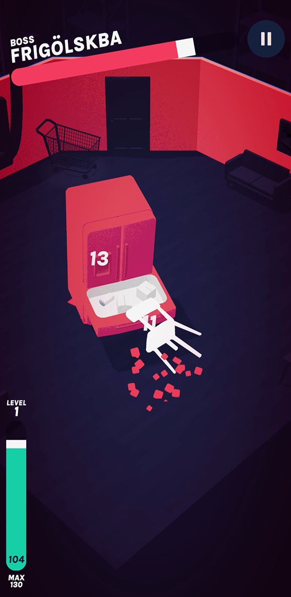 Screenshot of Ikeamon: a boss fridge enemy attacking a chair.