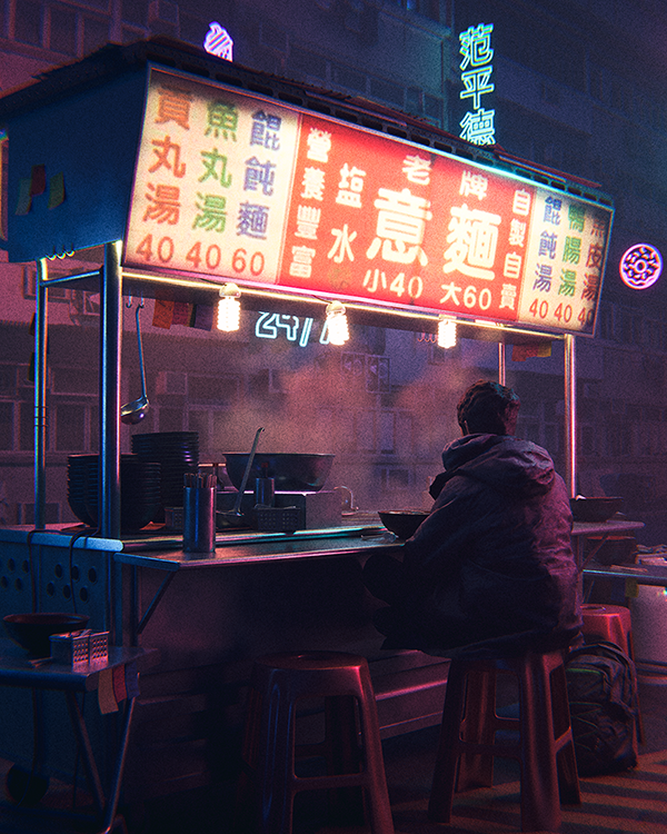 An Asian street food stall in a neon-lit night market street.