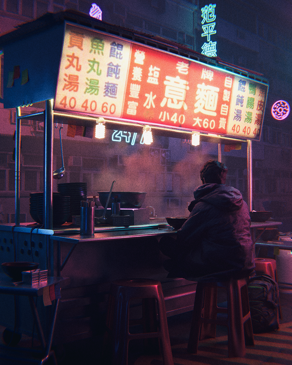 An Asian street food stall in a neon-lit night market street.